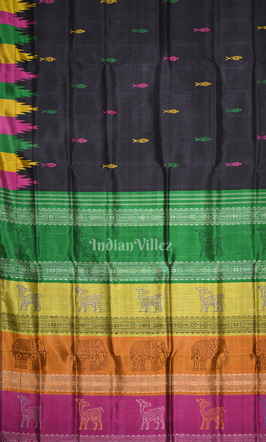 Black with Multicolor Fish Motif Double Pallu Berhampuri Silk Saree 