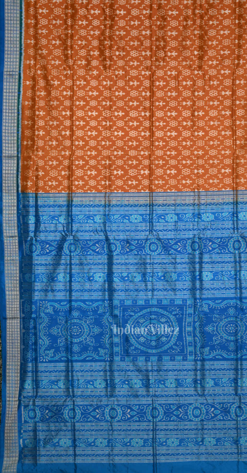 Rust Orange Blue Tribal Theme Odisha Ikat Sambalpuri Silk Saree