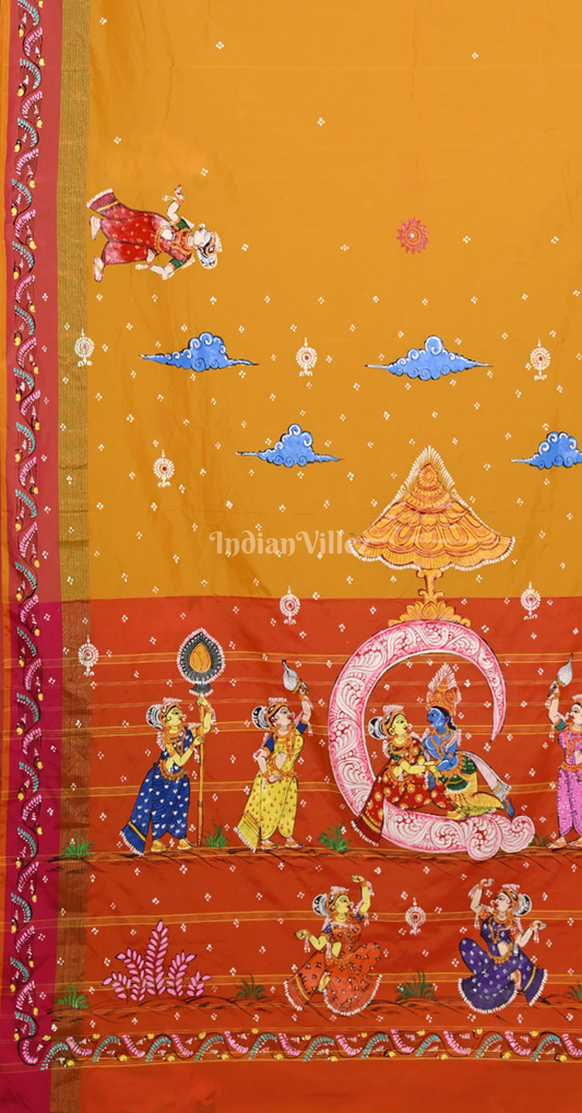 Yellow Red Ardha Chandra Krishna Rasa Leela Hand-Painted Pattachitra Saree