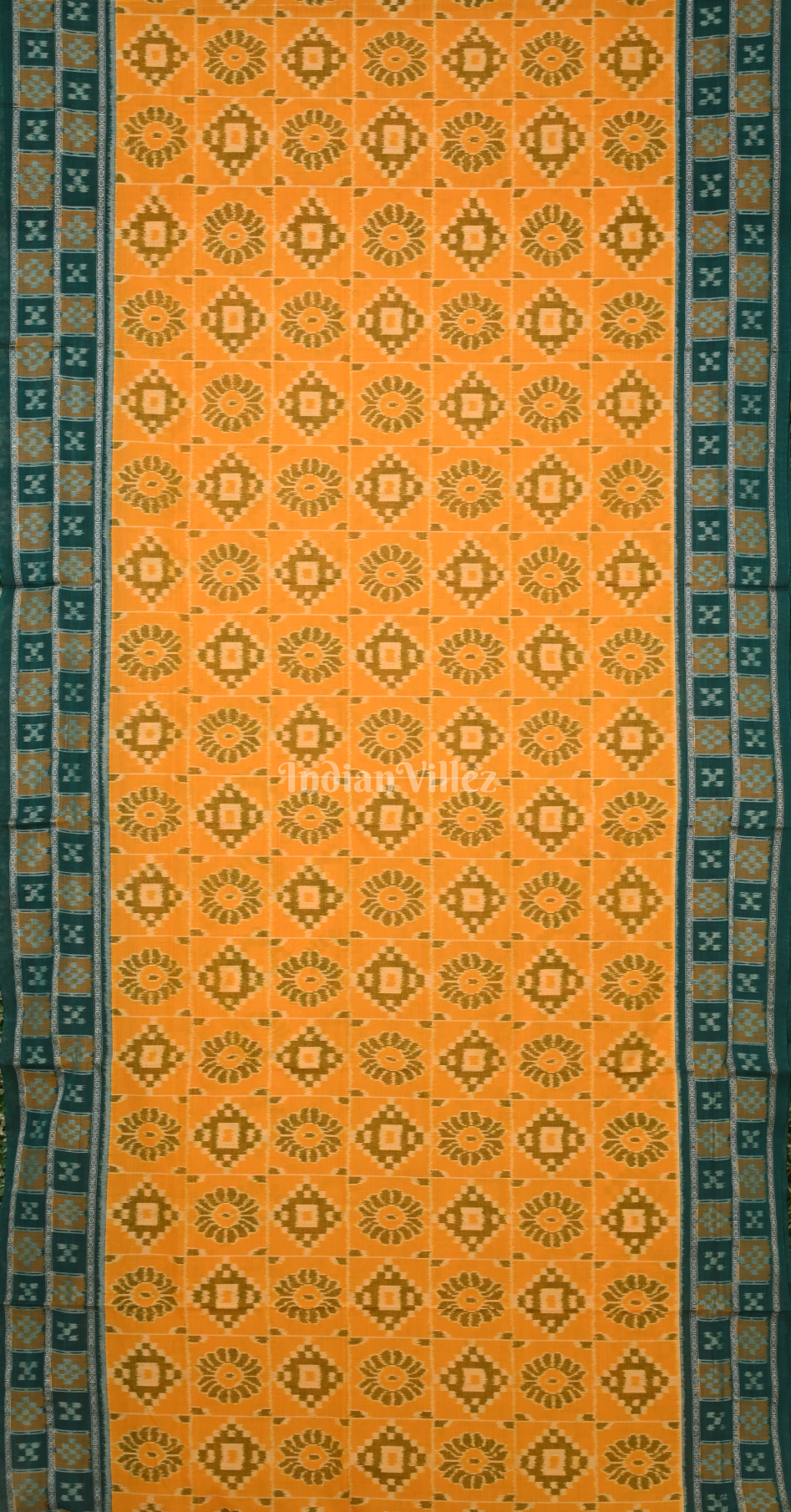 Yellow Green  Double Pasapali Border Odisha Ikat Sambalpuri Cotton Saree 