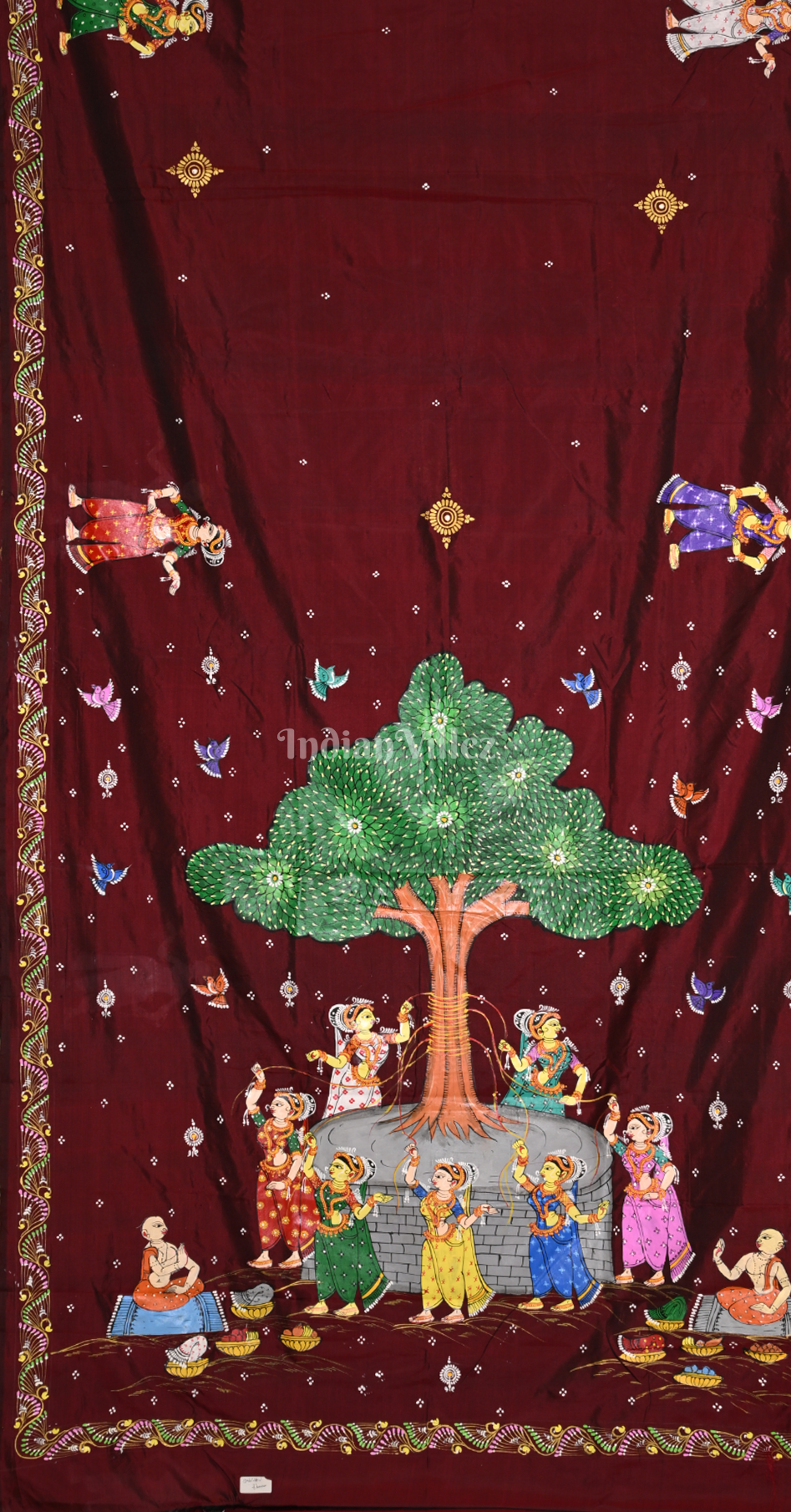 Maroon Vat Sabitri Theme Hand-Painted Pattachitra Saree