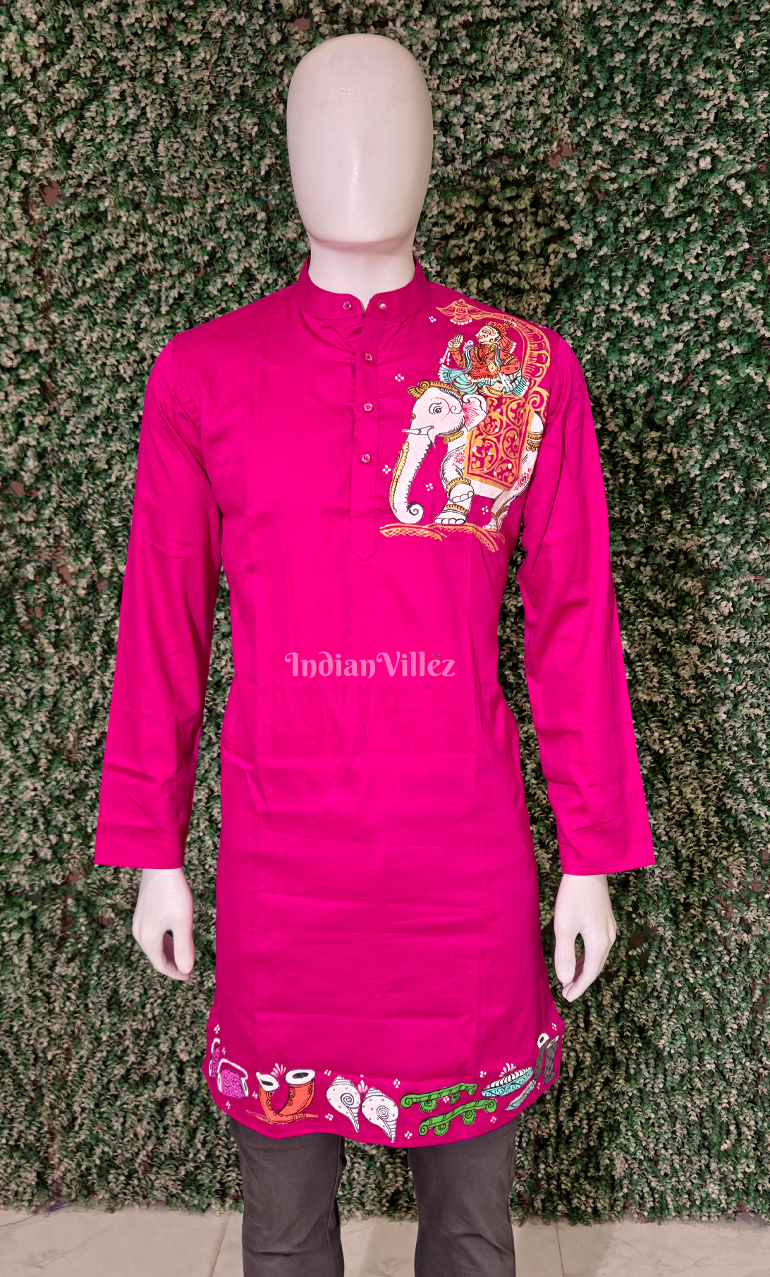 Rani Pink Kandarpa Hati (Elephant) Hand-Painted Pattachitra Kurta (Mulberry Silk)