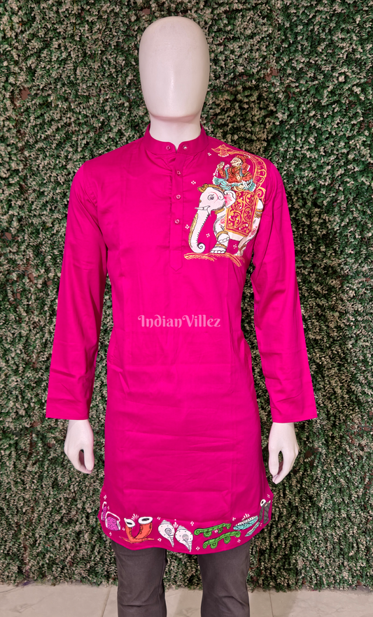 Rani Pink Kandarpa Hati (Elephant) Hand-Painted Pattachitra Kurta (Mulberry Silk)