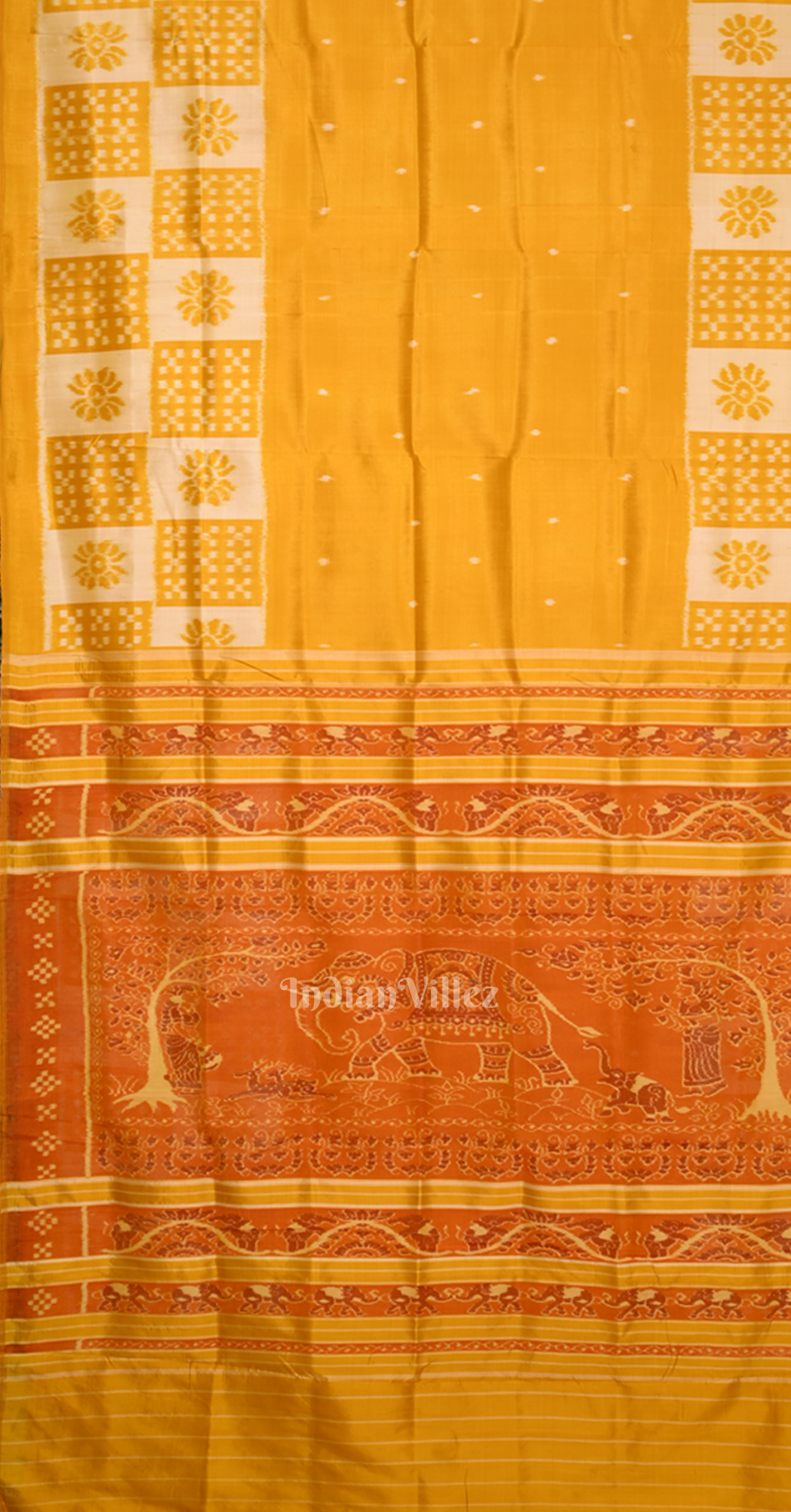 Mustard Yellow Pasapali Scot Contemporary Designer Silk Saree with Elephant Anchal