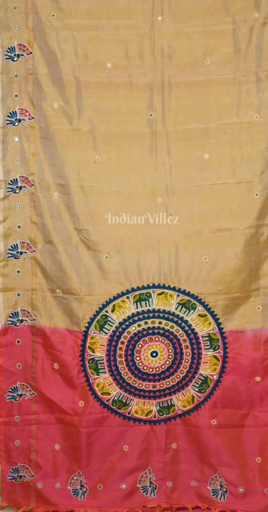 Beige Pink Hand Embroidered Applique Work Saree 