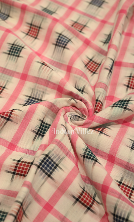 White Pink Ashwini Odisha Ikat  Sambalpuri Cotton Fabric