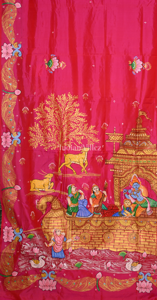 Rani Pink Krishna Boita Theme Hand-Painted Pattachitra Saree