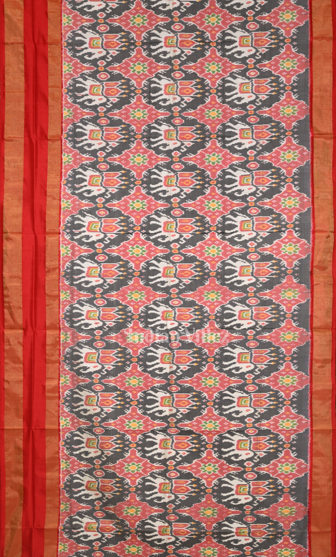  Grey Red Pochampally Ikat Silk Saree 