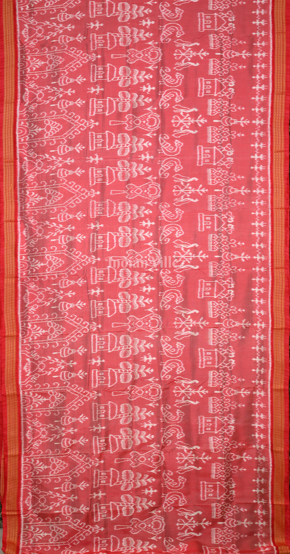 Peach Red Tribal Houses Odisha Ikat Khandua Silk Saree 