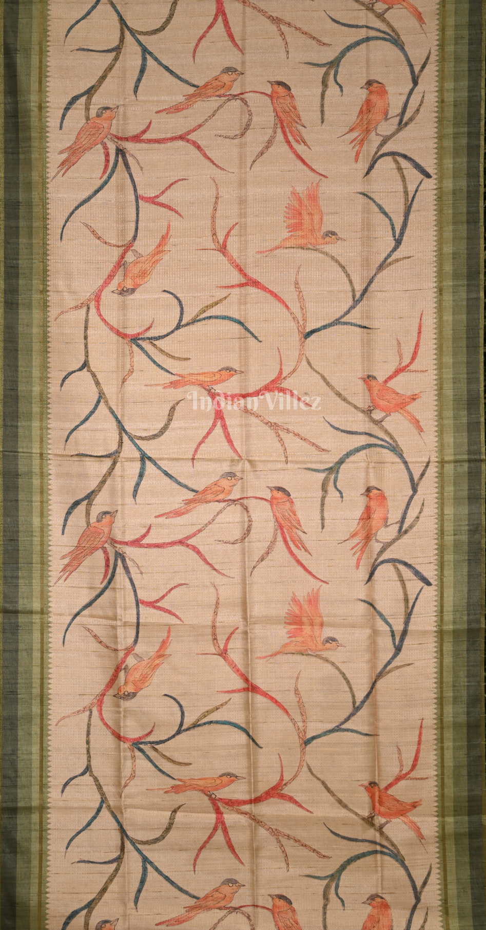 Sandal Green Bird Motif Tussar Silk Saree 