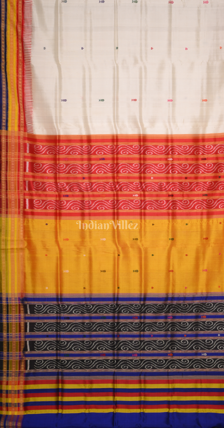 White with Blue Odisha Ikat Kathiphera Khandua Silk Saree 