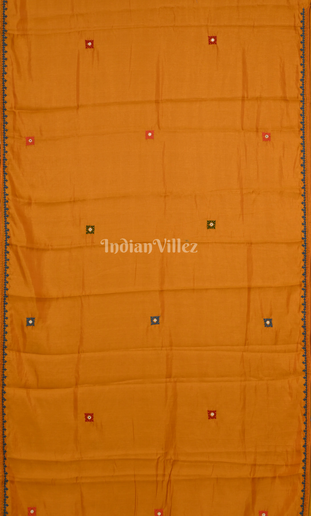 Mustard Yellow Thread Work Hand Embroidery Kutch Work Silk Saree