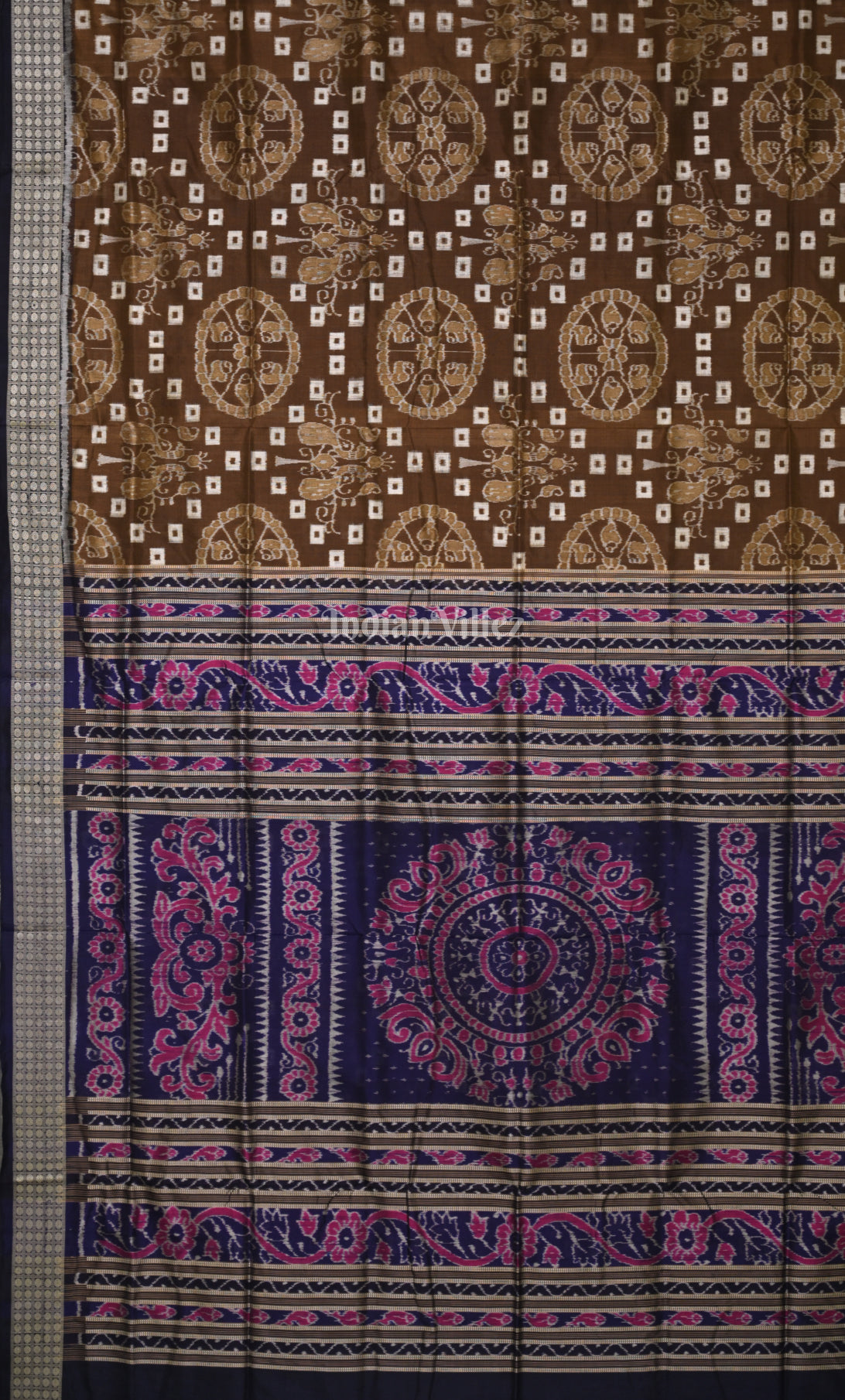 Brown Blue Jhoti Theme Odisha Ikat Sambalpuri Silk Saree