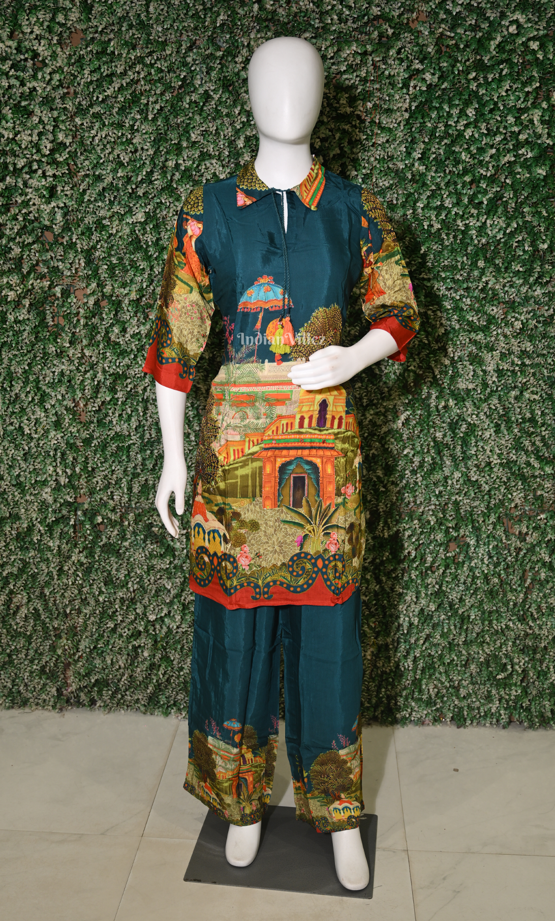 Designer Teal Blue Printed Kurta & Pant Set-(Co-Ords Set) 