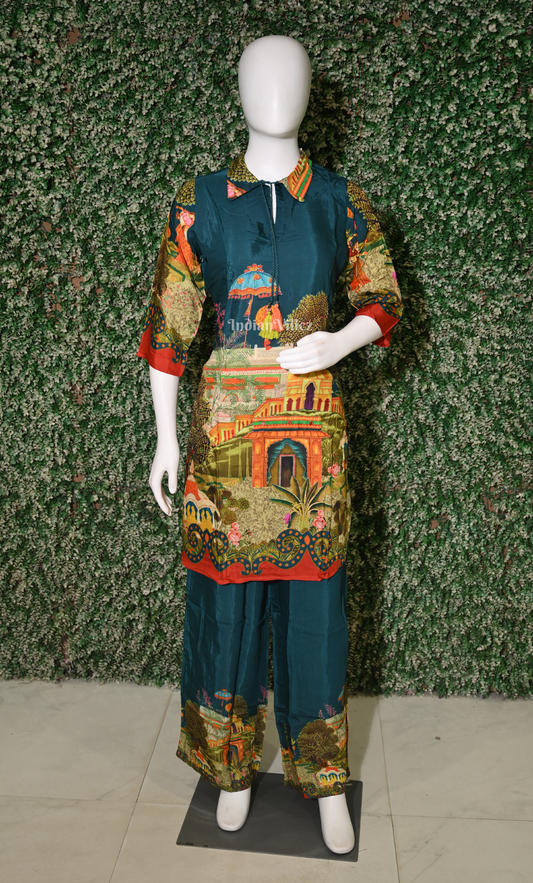 Designer Teal Blue Printed Kurta & Pant Set-(Co-Ords Set) 