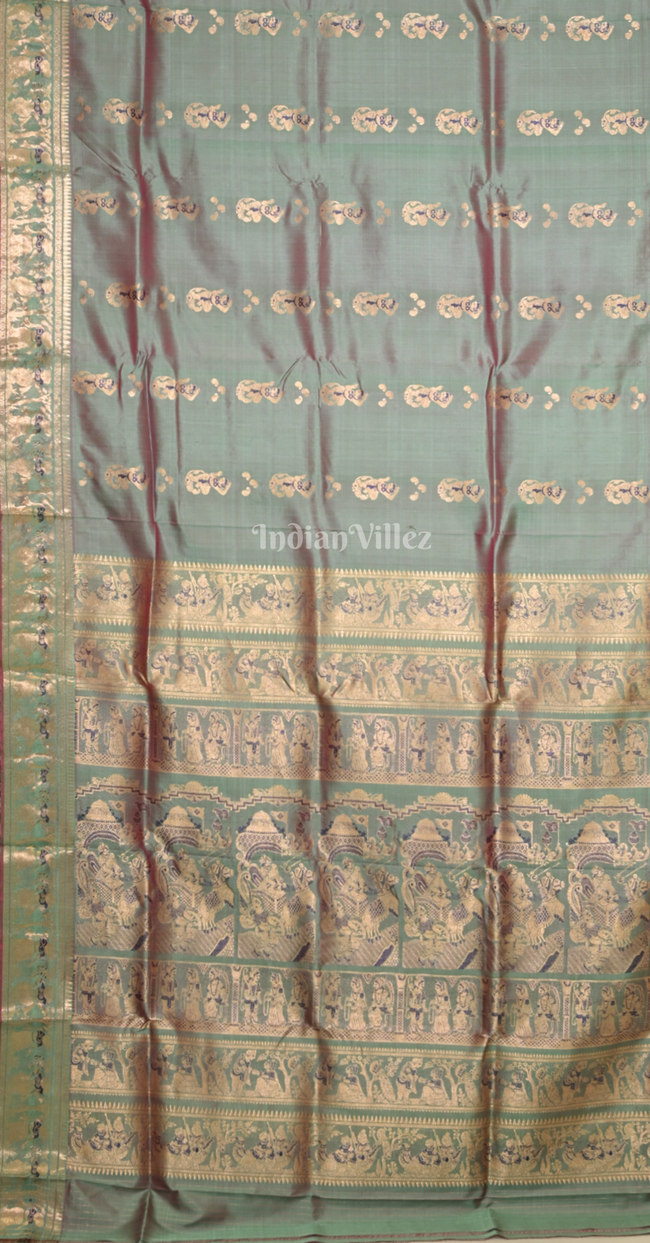 Sage Green Golden Handwoven Baluchari Silk Saree 