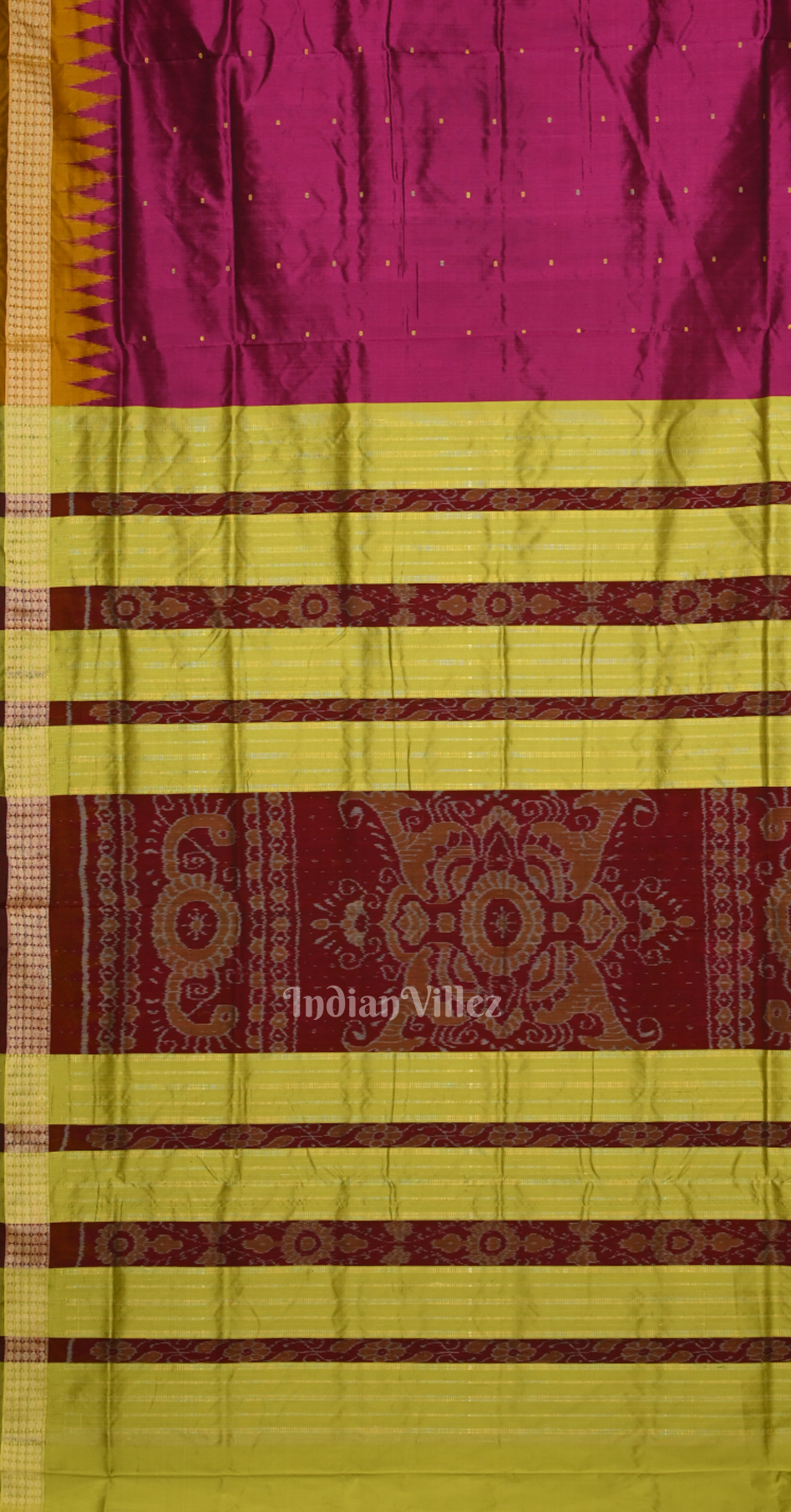 Magenta Pink Olive Green Buti Design Odisha Ikat Bomkai Sambalpuri Silk Saree