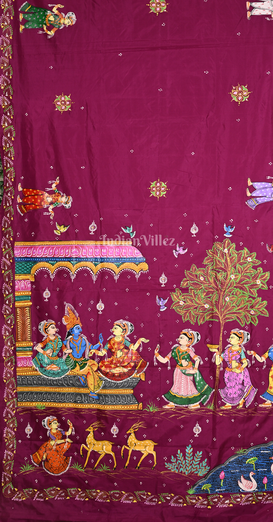 Magenta Pink Radha Krishna Raas Leela Hand-Painted Pattachitra Saree 

