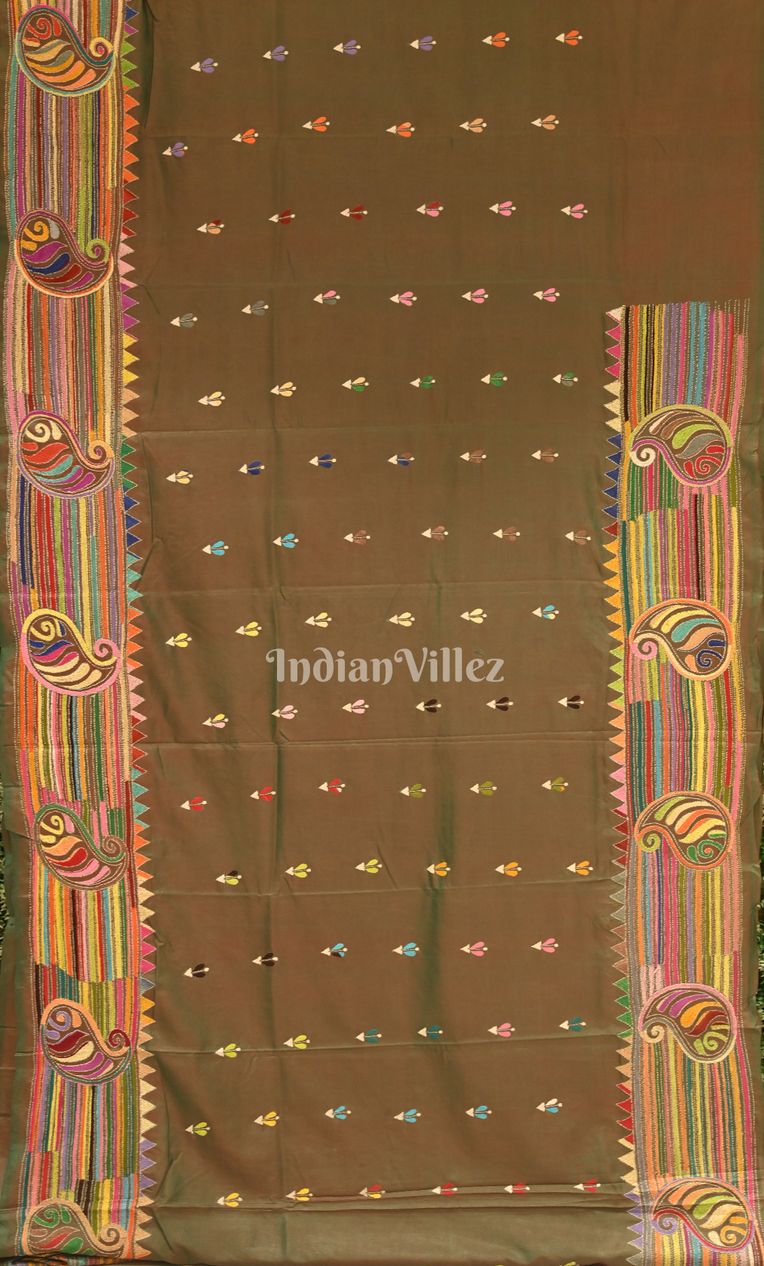 Olive Green Handwoven Kantha Stitch Silk Saree