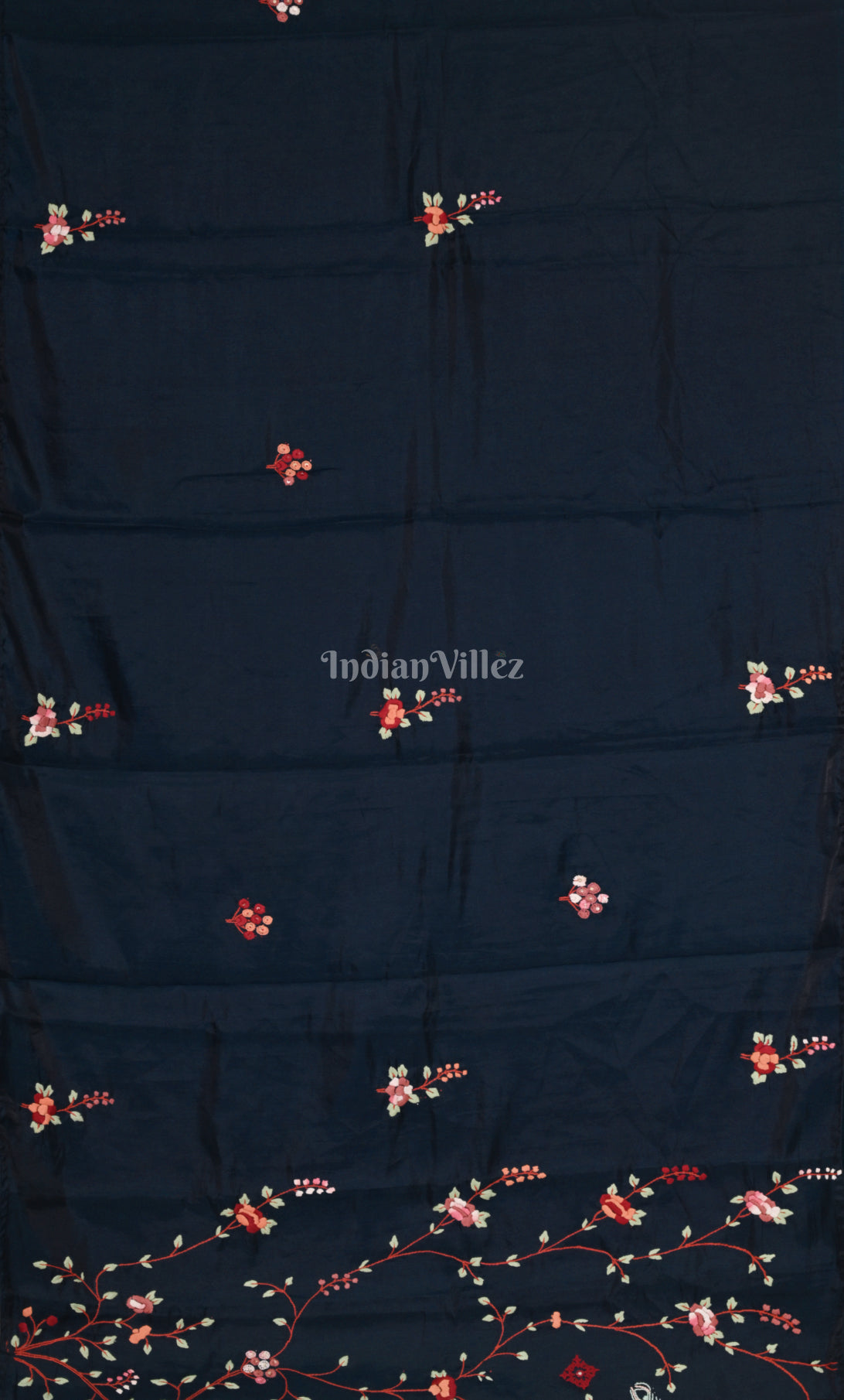 Blue Tusasr Silk Saree with Floral Hand Embroidery