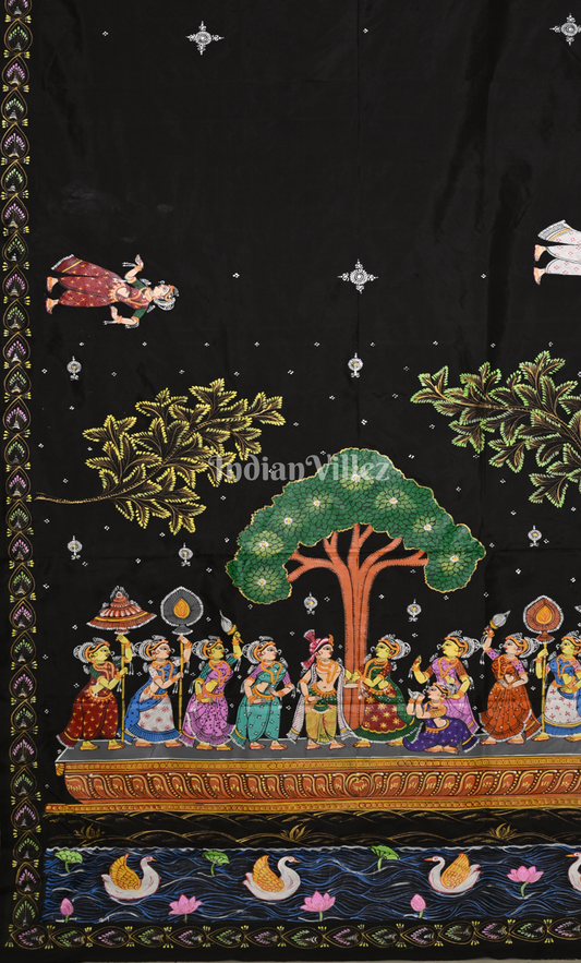 Black Nauka Vihar Hand-painted Pattachitra Saree