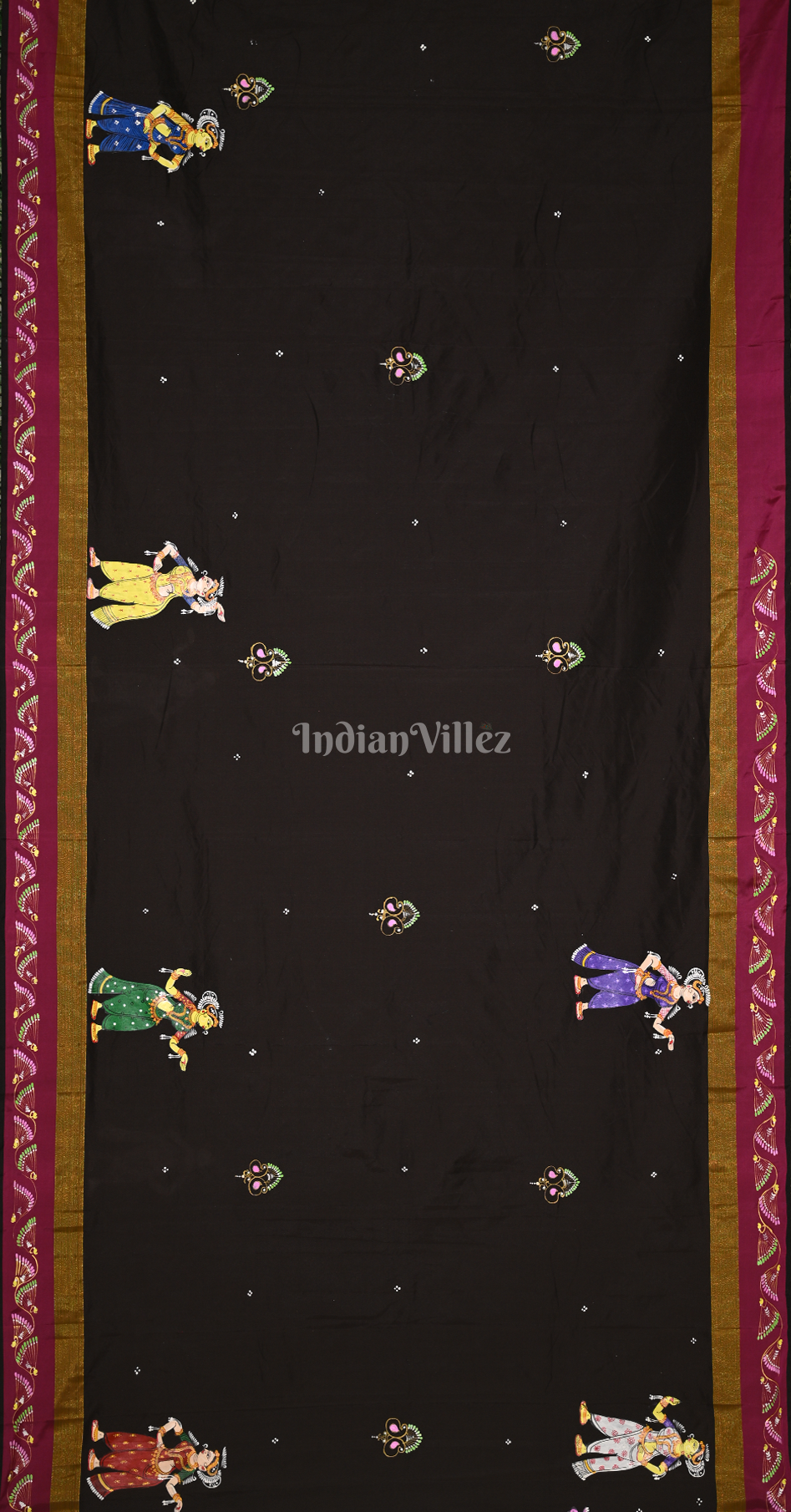 Black Maroon Radha Krishna Raas Leela Hand-Painted Pattachitra Saree 