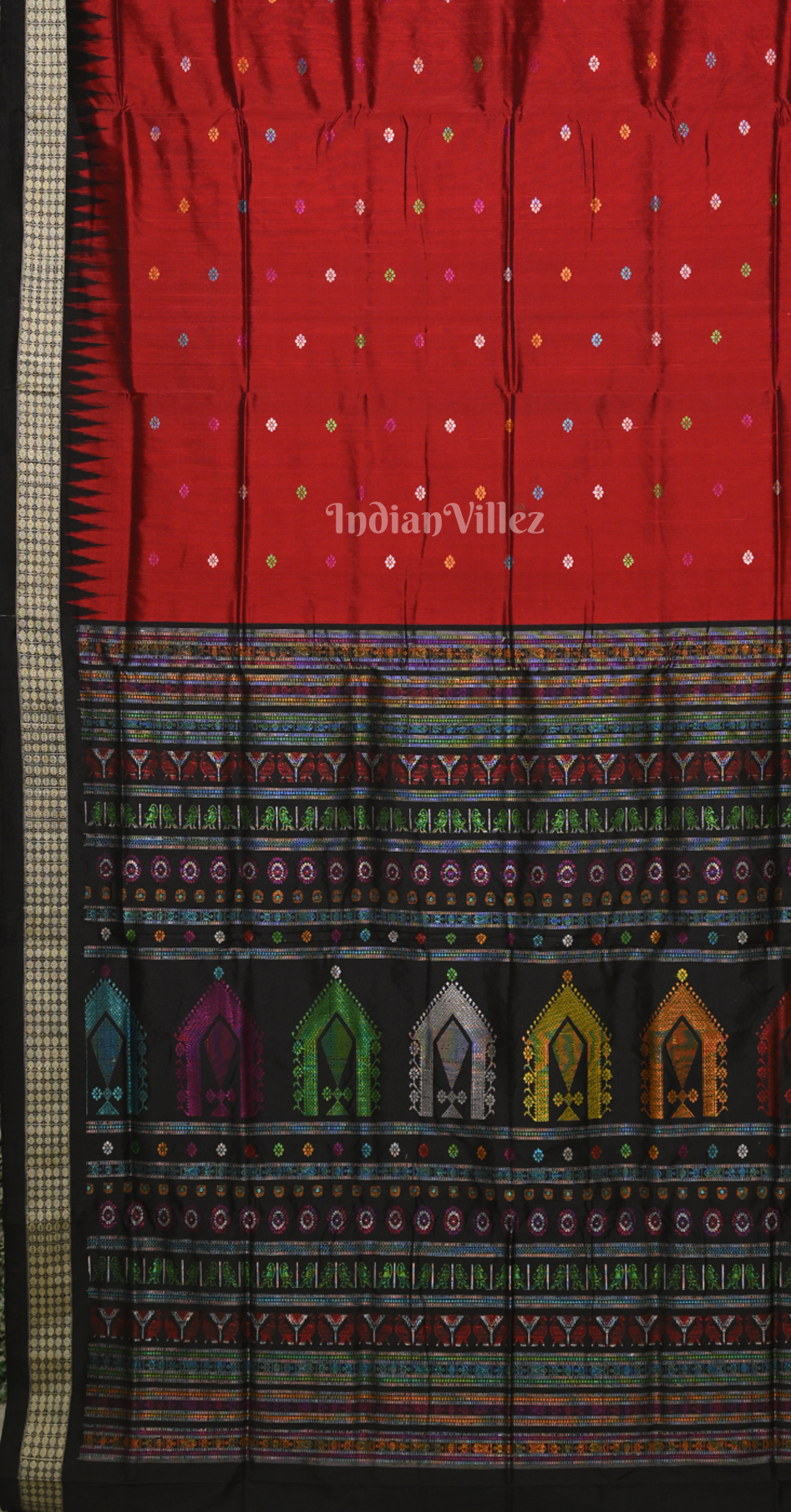 Maroon Red Black Dolabedi Odisha Ikat Bomkai Sambalpuri  Silk Saree 