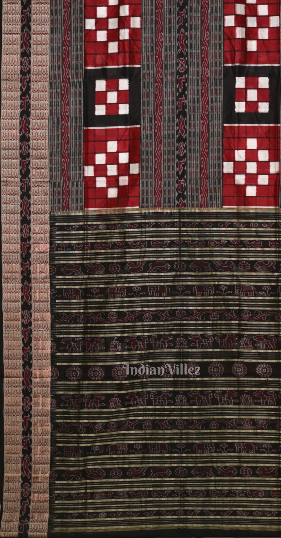 Red Black Small Checks Bichitrapuri Odisha Ikat Sambalpuri Silk Saree
