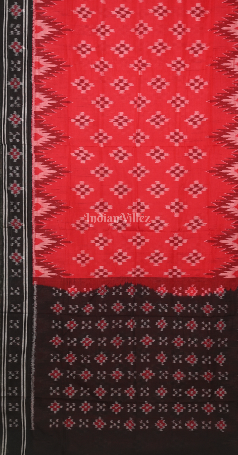Red Black Pasapali Scot Odisha Ikat Sambalpuri Cotton Saree 