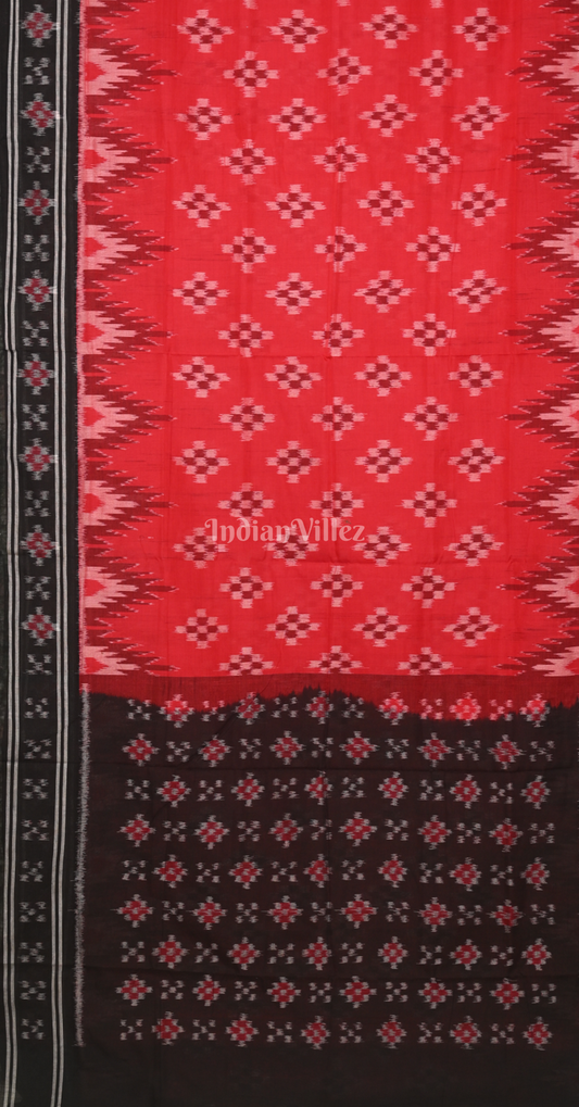 Red Black Pasapali Scot Odisha Ikat Sambalpuri Cotton Saree 