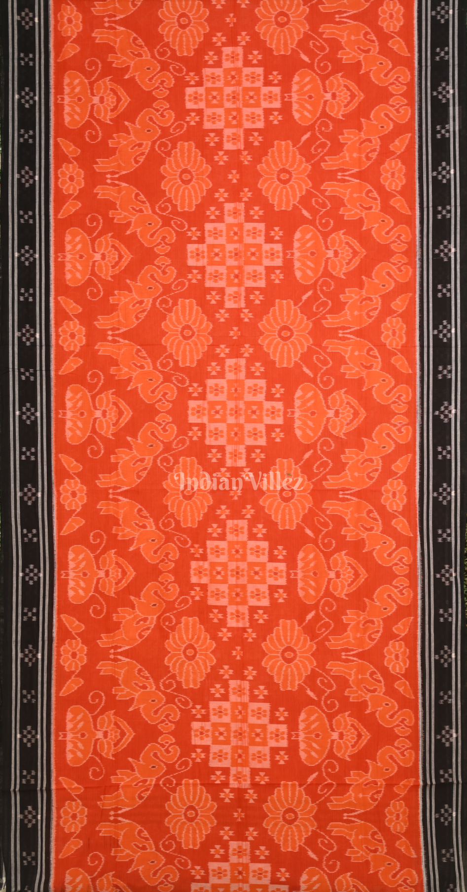 Orange Black Odisha Ikat Sambalpuri Pure Cotton Saree with Jungle Anchal
