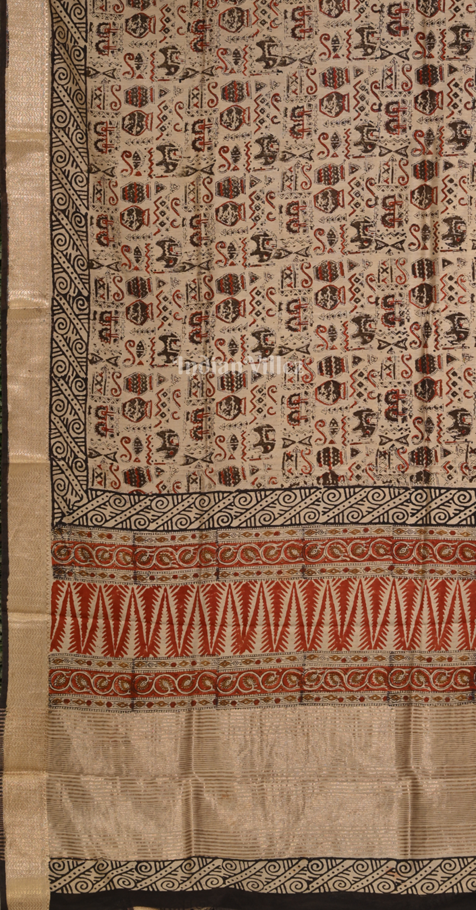 Beige with Multicolour Block Printed Bagru Cotton Saree 