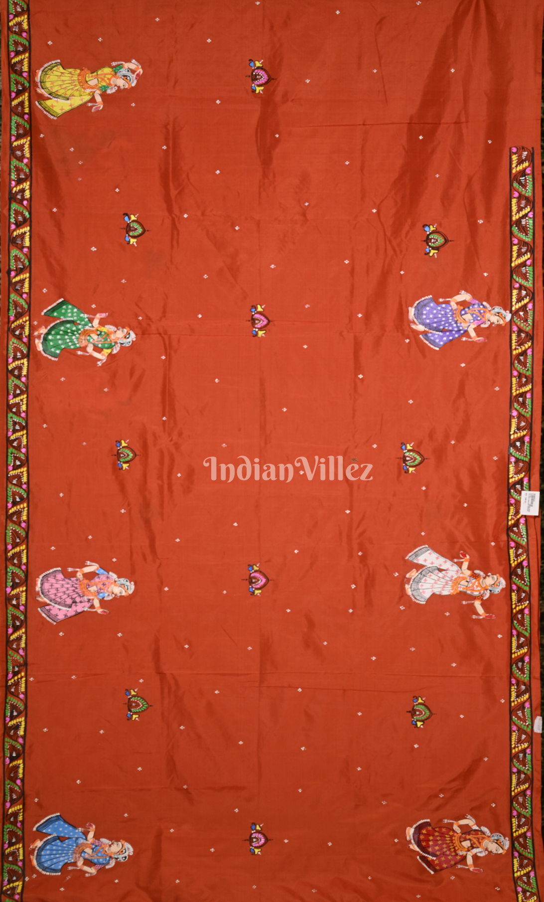 Orange Green (Mayur) & Nartaki Theme  Hand-Painted Pattachitra Saree 