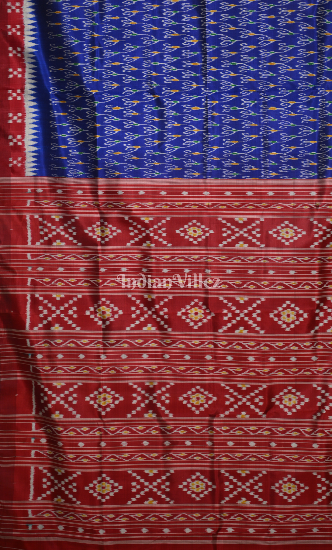 Blue Red Odisha Ikat Contemporary Designer Silk Saree with Pasapali Border