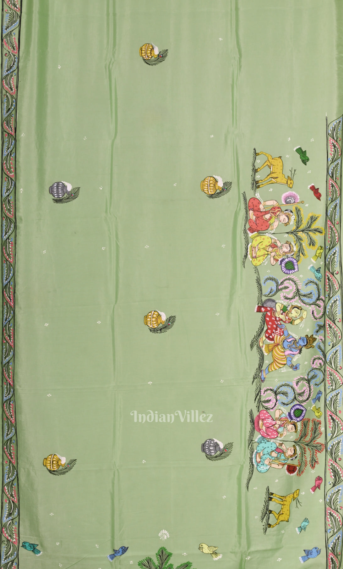 Pista Green Radha Krishna Raasleela Hand-Painted Pattachitra Saree 