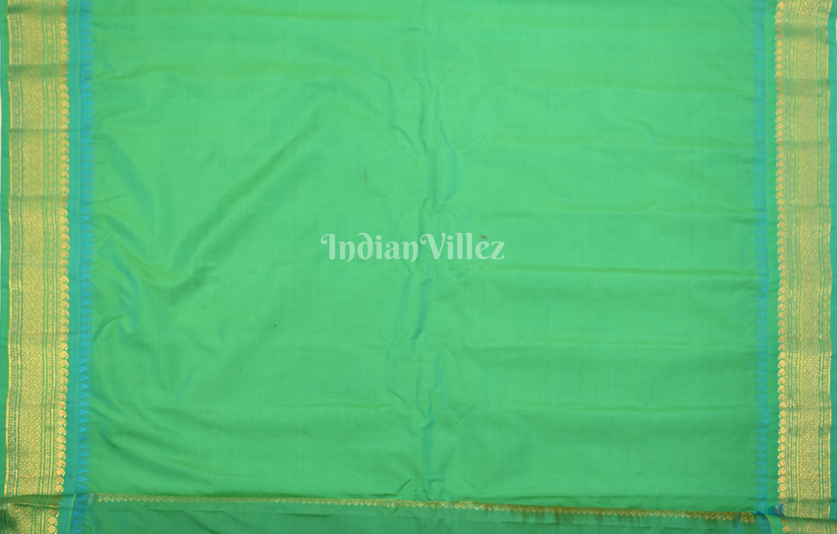 Elegant Brown Sea Green Butti Design Pure Gadwal Silk Saree