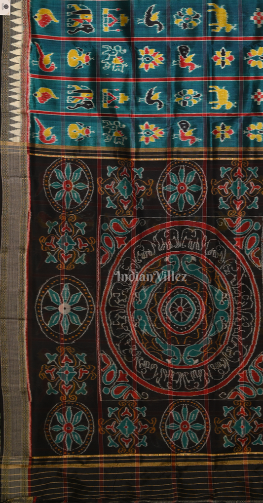 Teal Blue Black Nabakothi Khandua Silk Saree with Pecock Elephant Chandua Anchal