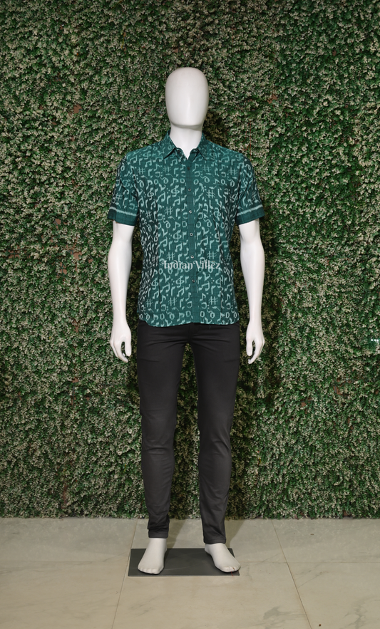 Green Musical Instrument Theme Odisha Ikat Cotton Half Sleeve Shirt for Men