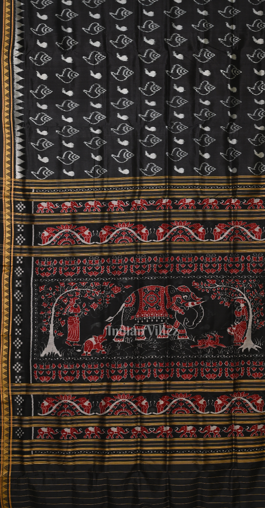 Black Sankha Motif Odisha Ikat Khandua Silk Saree with Elephant Anchal