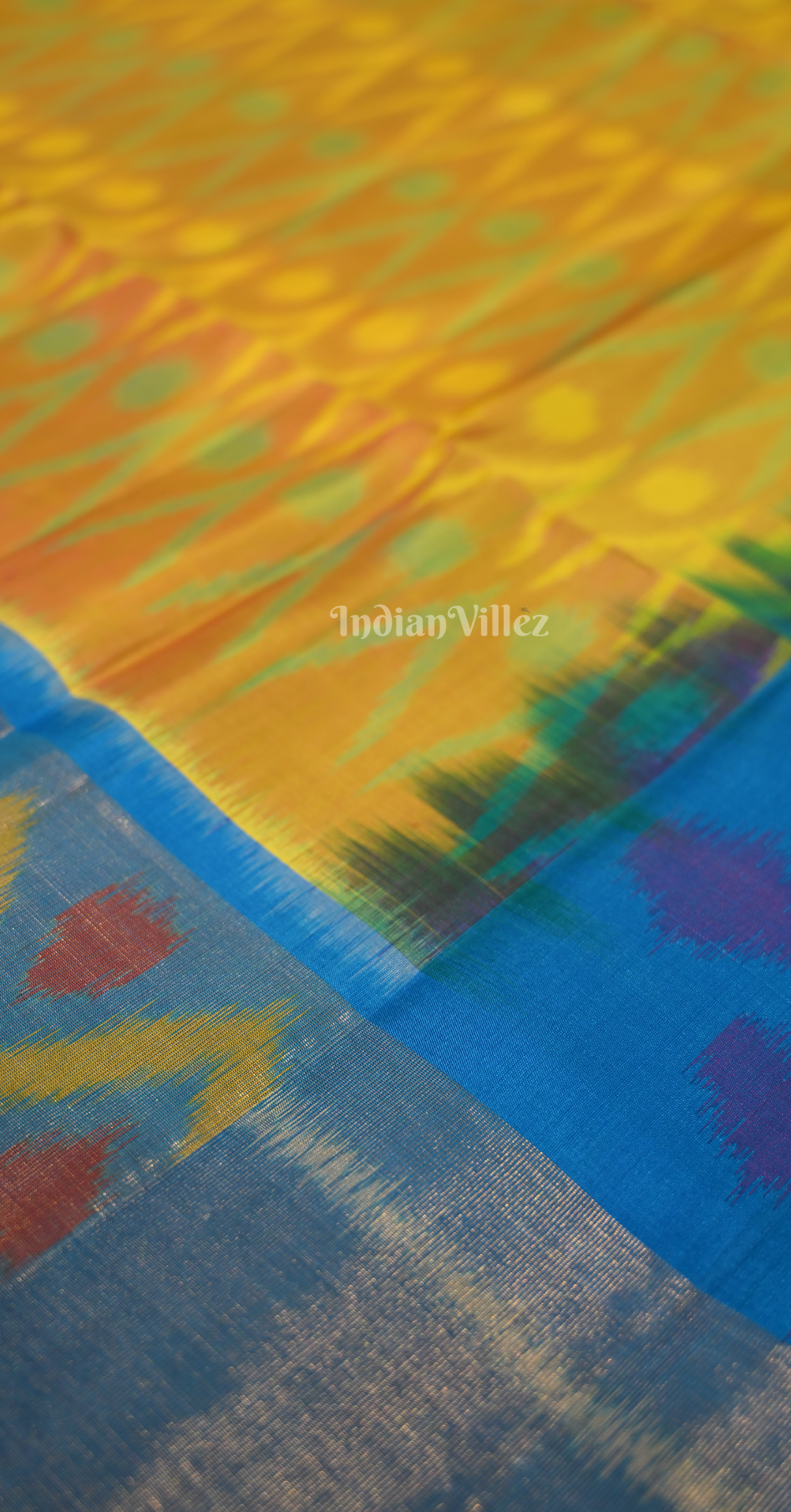 Mustard Yellow Blue Pochampally Ikat Silk Saree