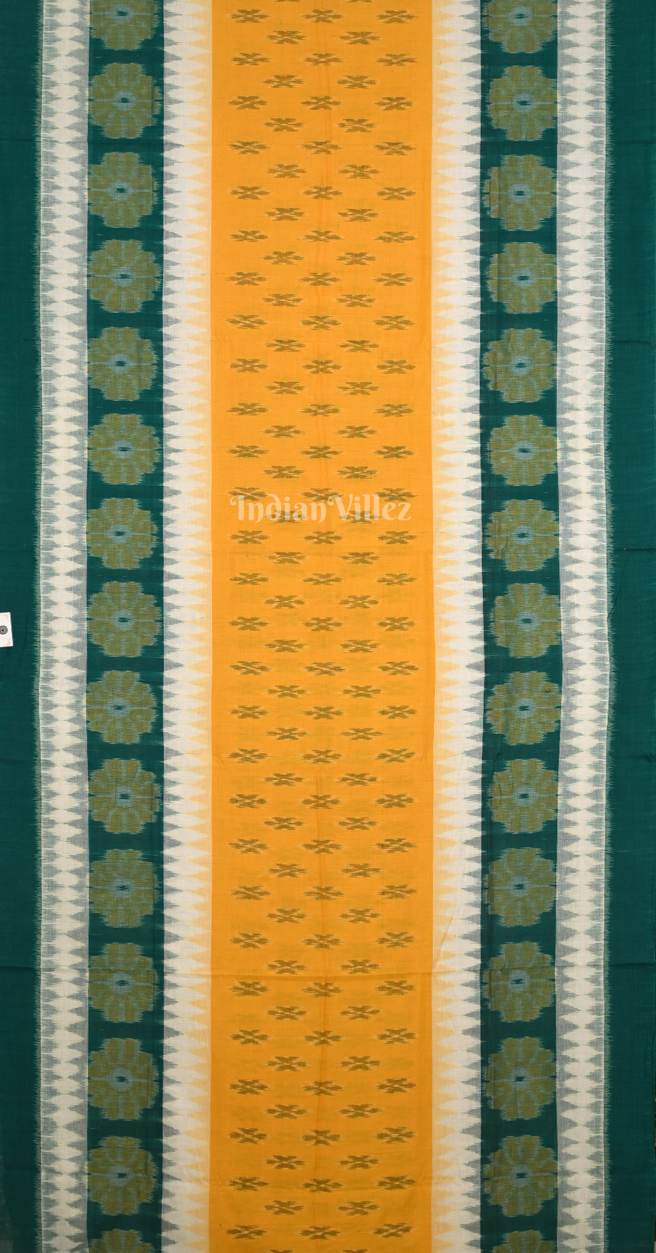 Green White Yellow Damru Odisha Ikat Maniabandha Cotton Saree