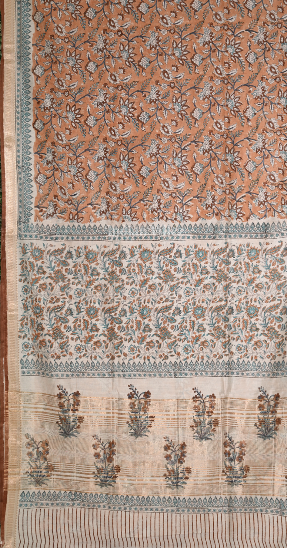 Light Orange Block Printed Sanganeri Cotton Saree 