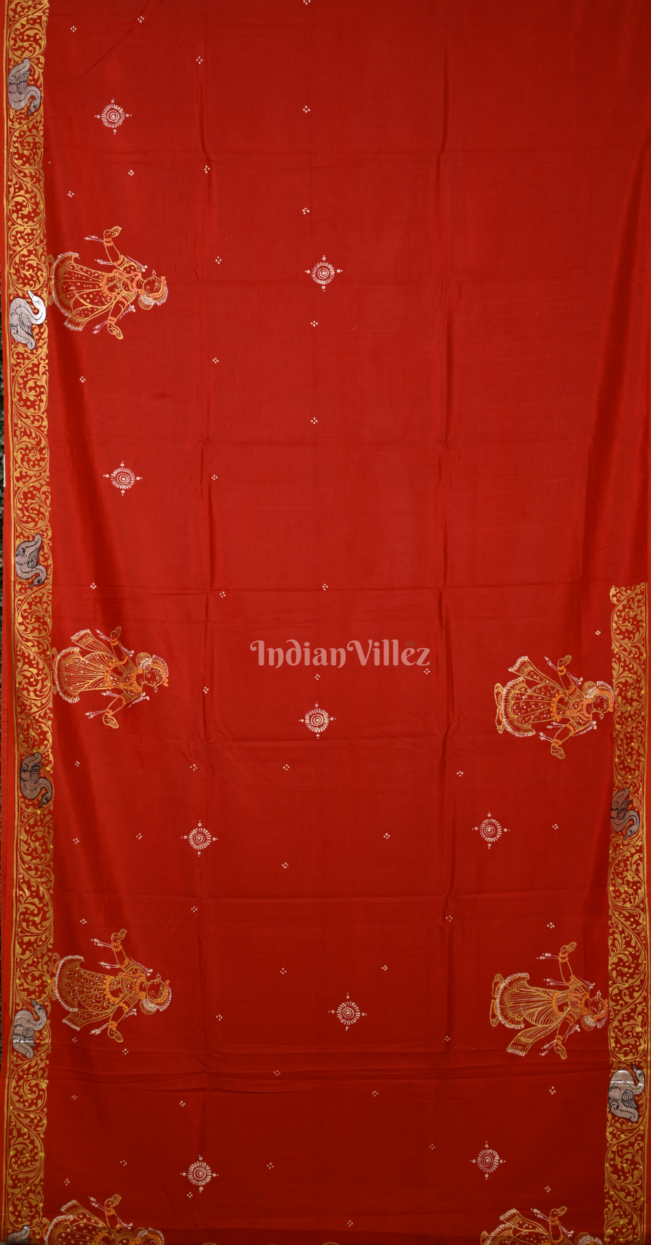 Red Radha Krishna Raas Leela Hand-Painted Pattachitra Saree 