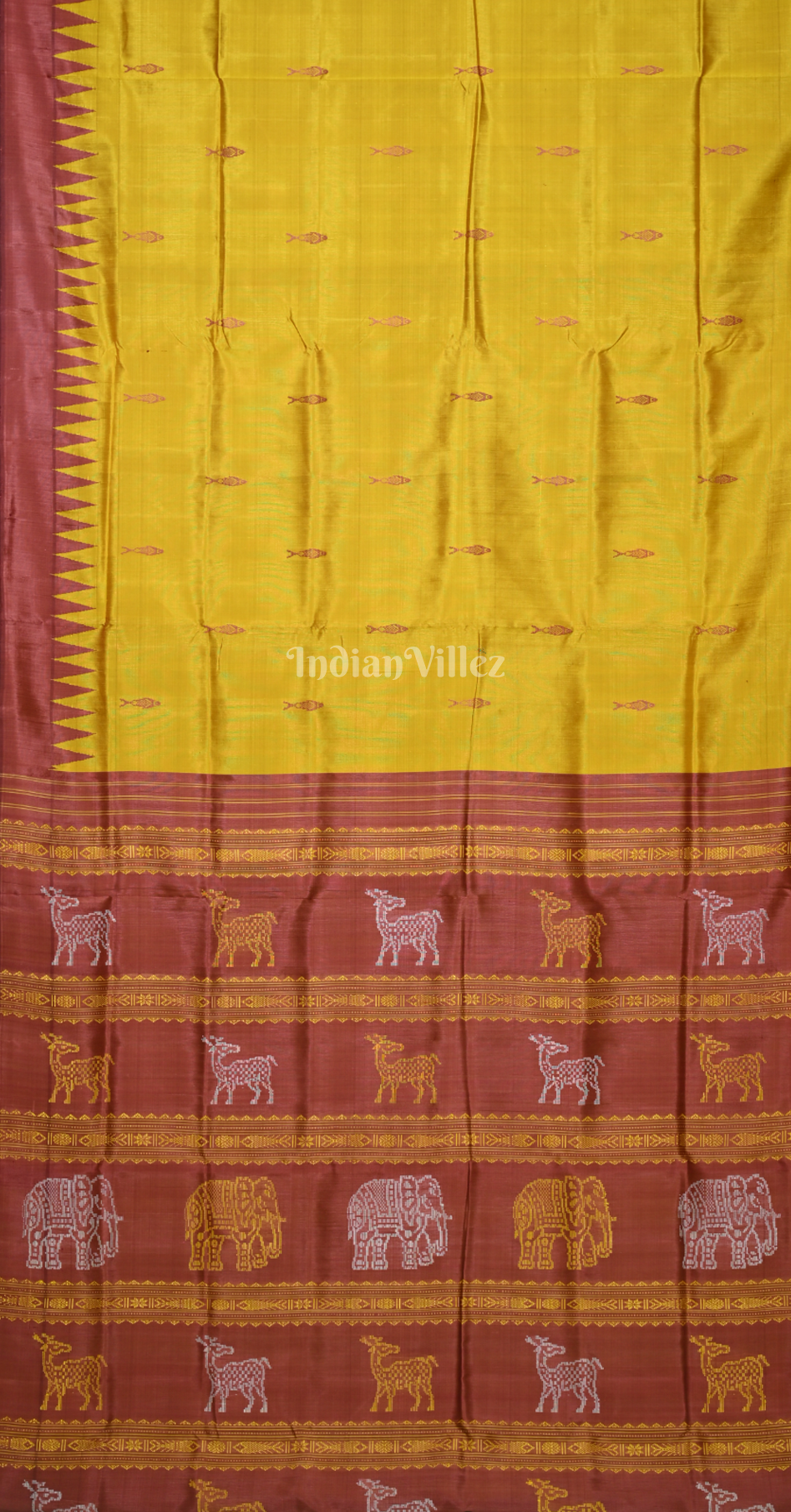 Mustard Yellow Fish Motif Double Pallu Berhampuri Silk Saree 