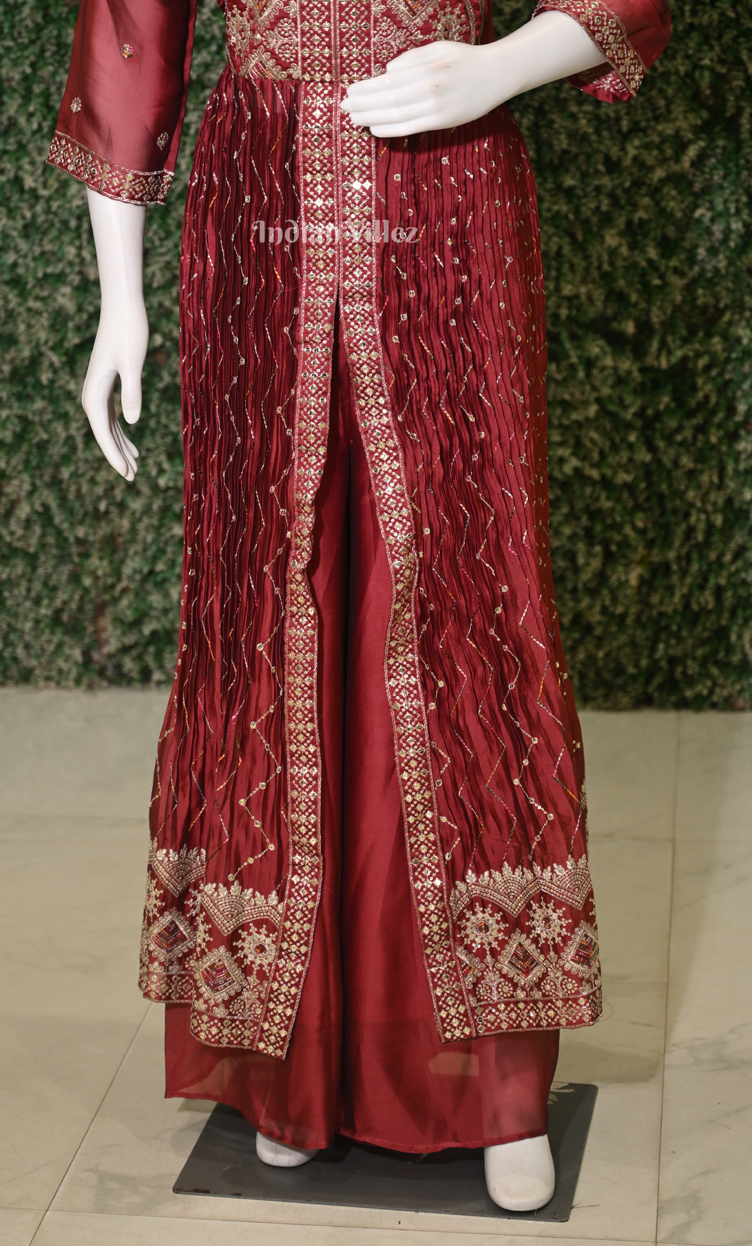 Maroon Front Slit Anarkali with Palazzo pants with Dupatta Set 