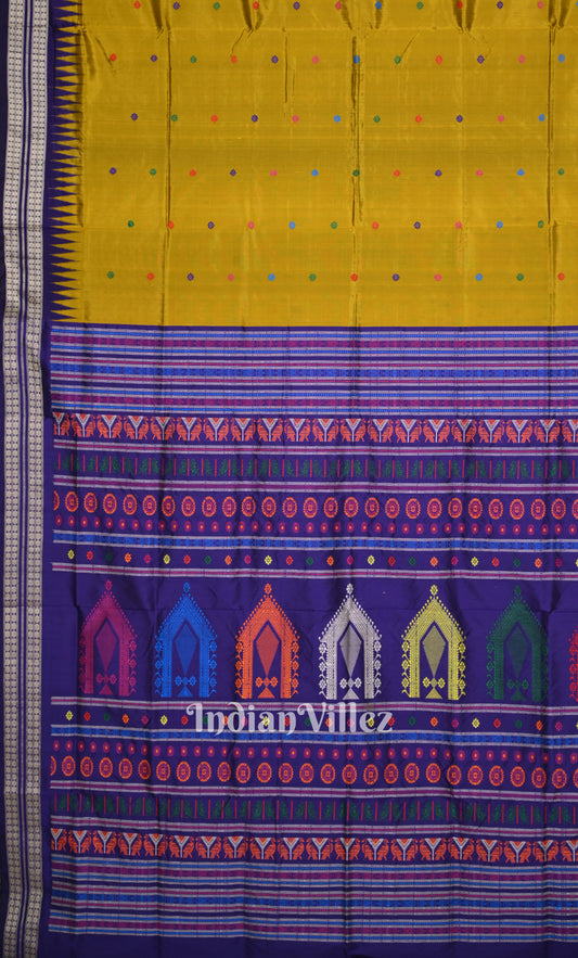 Mustard Yellow Blue Dolabedi Bomkai Sambalpuri Ikat Silk Saree