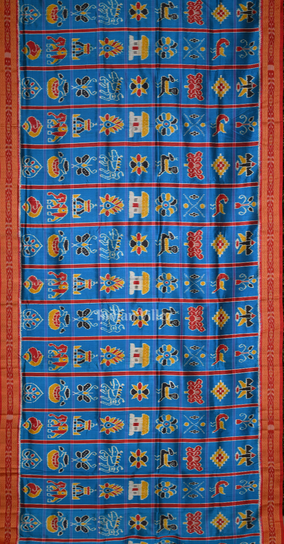 Cyan Blue Red Nabakothi Odisha Ikat Khandua Silk Saree