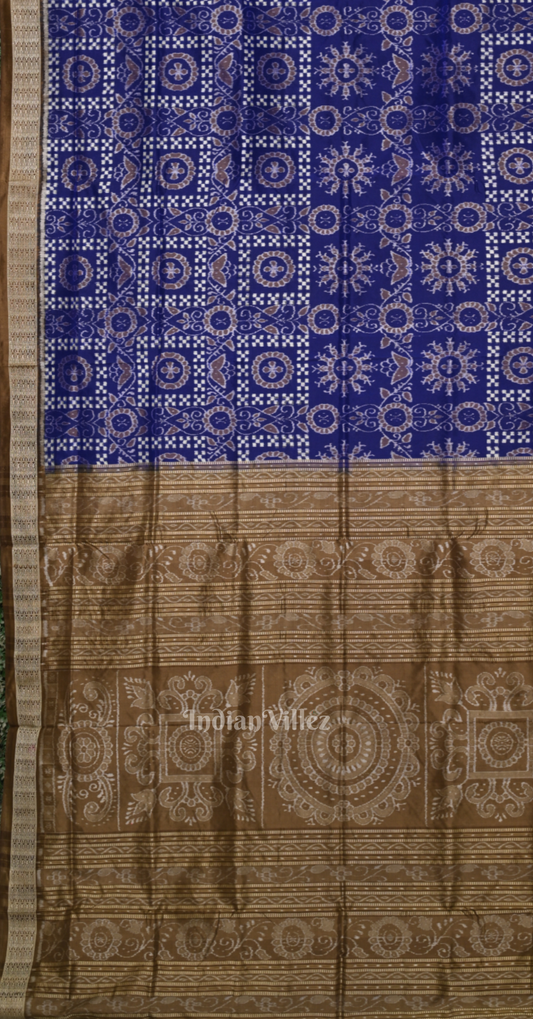 Blue Brown Pasapali Odisha Ikat Sambalpuri Silk Saree with Jhoti Anchal
