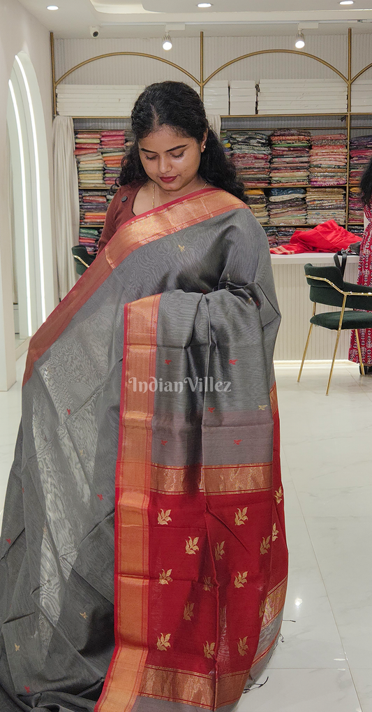 Cement Grey Red Pure Silk Cotton Maheshwari Saree with Zari Border