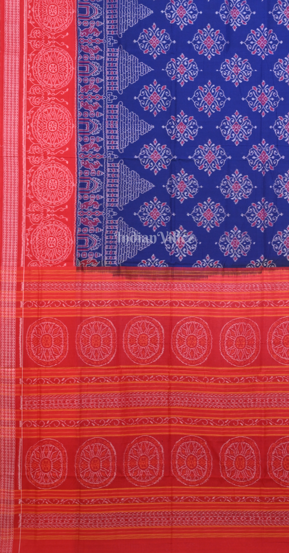 Blue Red Konark Temple Chakra Odisha Ikat Sambalpuri Cotton Saree